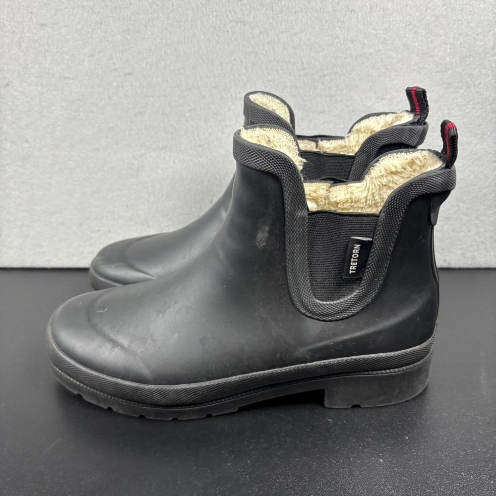 Tretorn Black Rubber Lina Rain Chelsea Ankle Boots Shearling Lined Womens Size 7